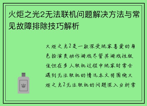火炬之光2无法联机问题解决方法与常见故障排除技巧解析