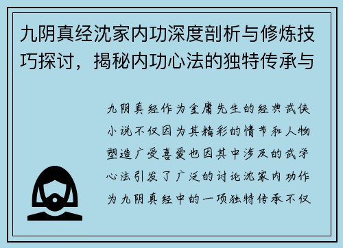 九阴真经沈家内功深度剖析与修炼技巧探讨，揭秘内功心法的独特传承与发展